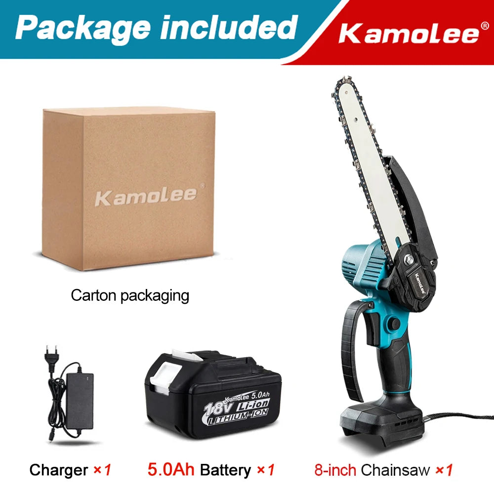 Kamolee Brushless Electric Chain Saw 8 Inch Mini Chainsaw Wood Cutter Pruning Garden Power Tool