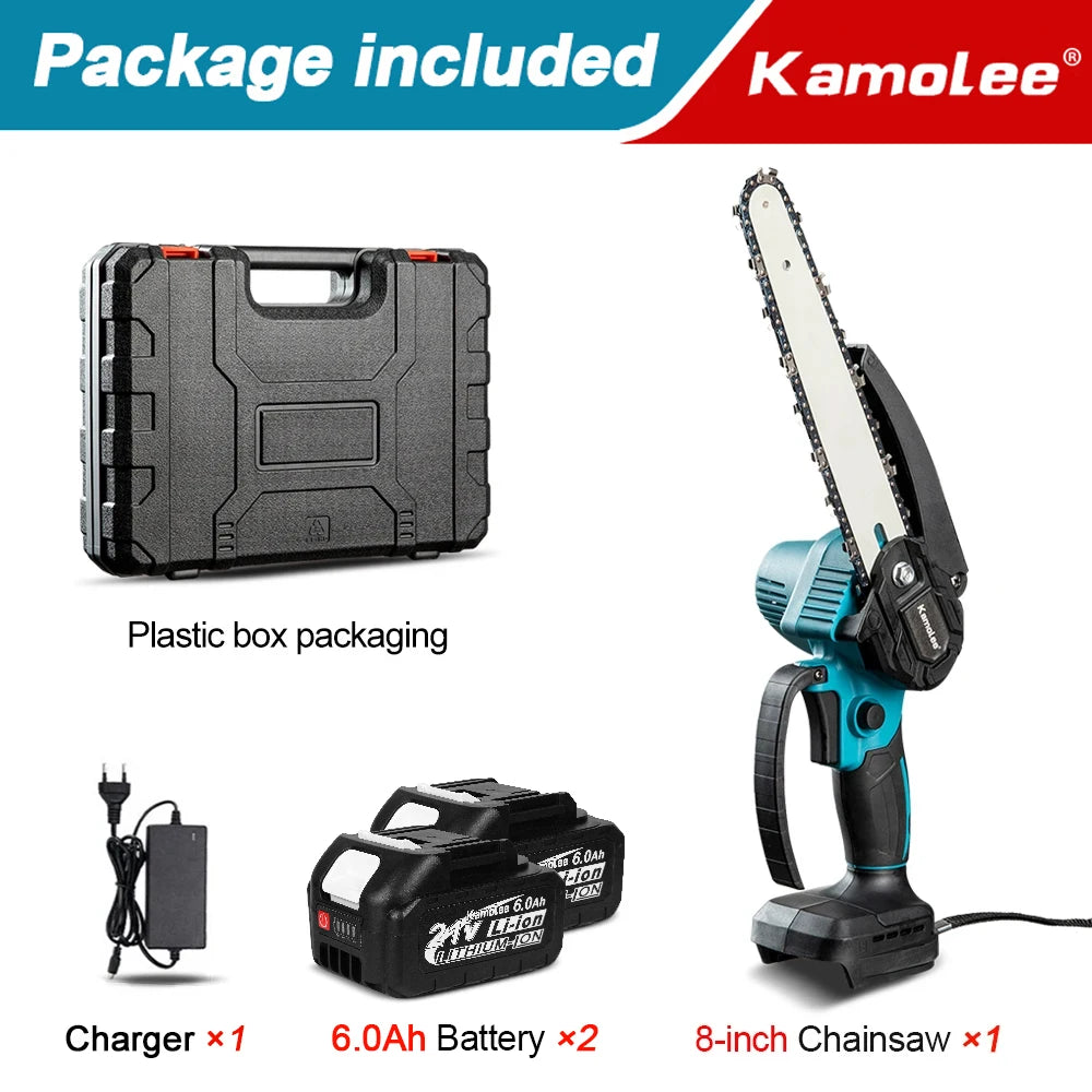 Kamolee Brushless Electric Chain Saw 8 Inch Mini Chainsaw Wood Cutter Pruning Garden Power Tool
