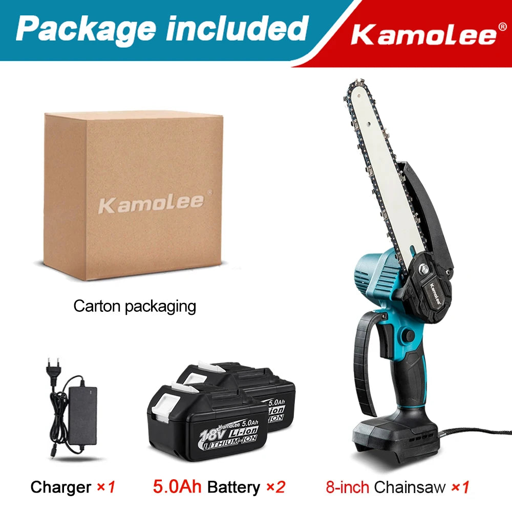 Kamolee Brushless Electric Chain Saw 8 Inch Mini Chainsaw Wood Cutter Pruning Garden Power Tool