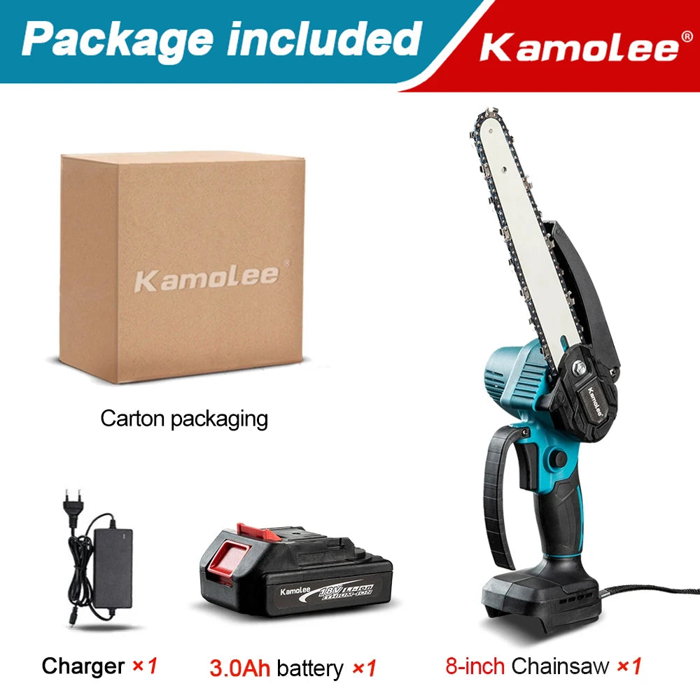 Kamolee Brushless Electric Chain Saw 8 Inch Mini Chainsaw Wood Cutter Pruning Garden Power Tool