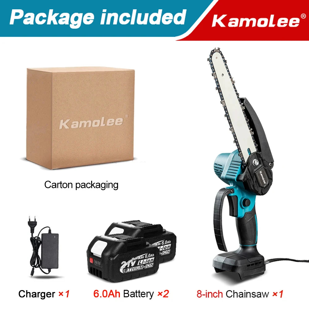 Kamolee Brushless Electric Chain Saw 8 Inch Mini Chainsaw Wood Cutter Pruning Garden Power Tool