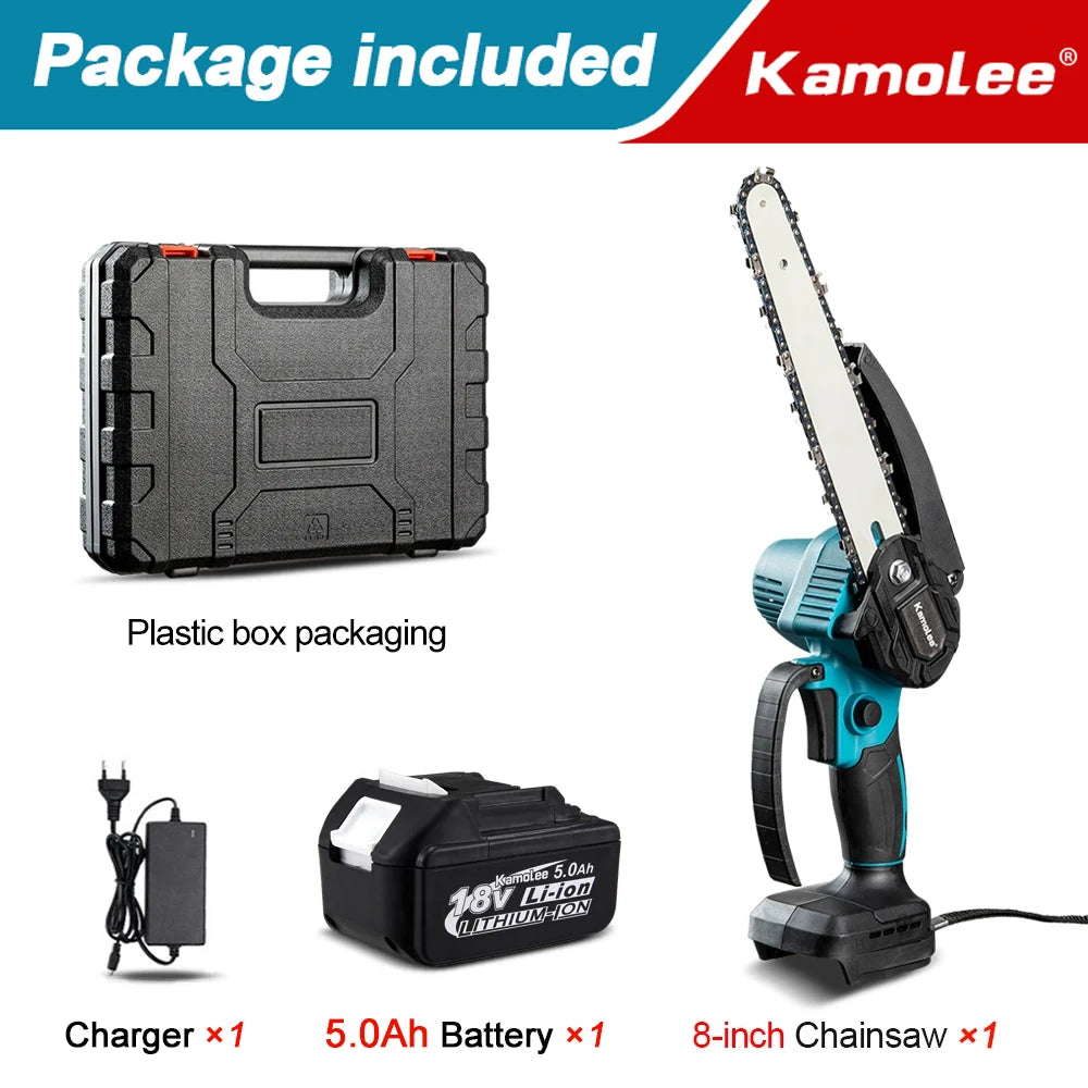 Kamolee Brushless Electric Chain Saw 8 Inch Mini Chainsaw Wood Cutter Pruning Garden Power Tool