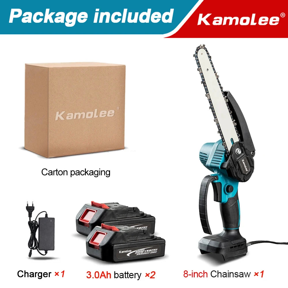 Kamolee Brushless Electric Chain Saw 8 Inch Mini Chainsaw Wood Cutter Pruning Garden Power Tool